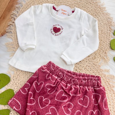 Conj. Blusa I Shine I Smile e Short Saia Corações em Plush - Off White e Vermelho